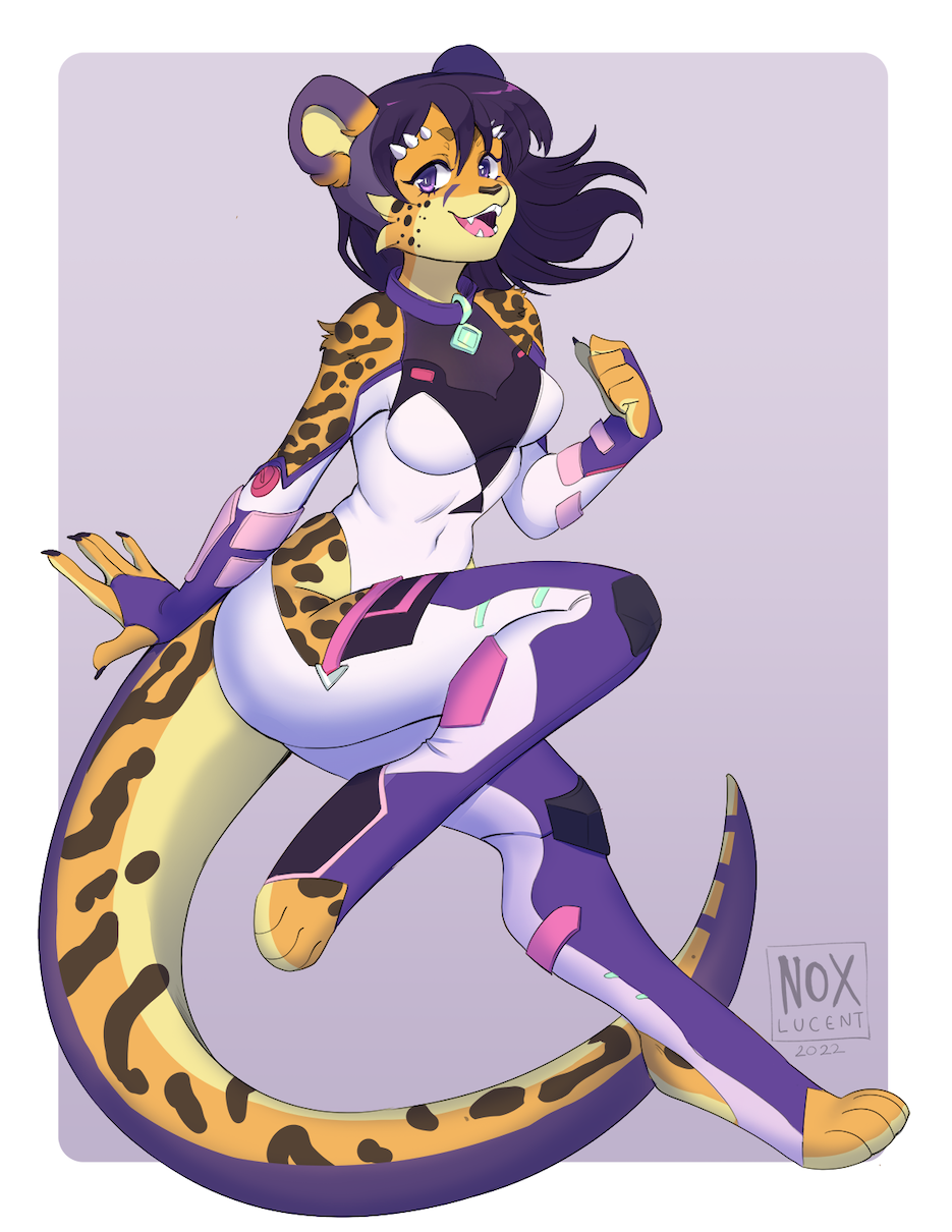 A femme cheetah-dragon lady in a fancy techno bodysuit